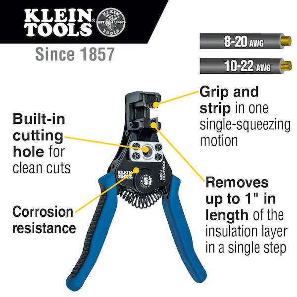 Klein Tools Katapult Wire Stipper and Cutter for 8-20 AWG Solid and 10-22 AWG Standard Wire - - Image 3